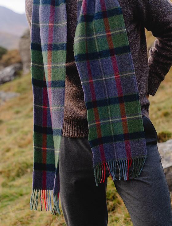 Aran Cashmere Narrow Lambswool Checked Scarf - Purple Green & Navy