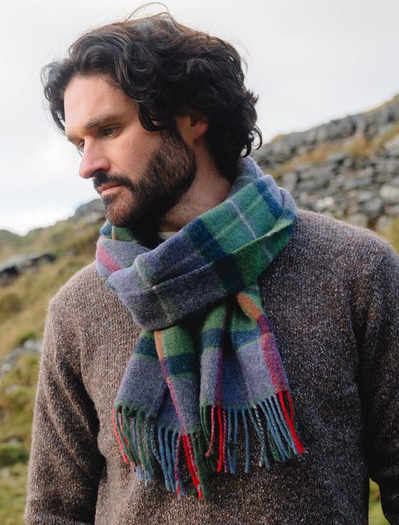 aran cashmere Narrow Lambswool Checked Scarf - Purple Green & Navy