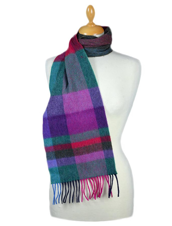 aran cashmere Narrow Lambswool Plaid Scarf - Green Fuschia