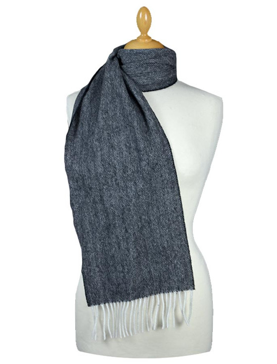 aran cashmere Narrow Lambswool Scarf - Grey Herringbone