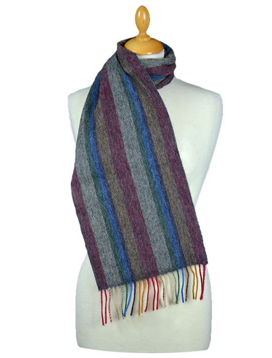 aran cashmere Narrow Lambswool Striped Scarf - Multi-Colour Herringbone
