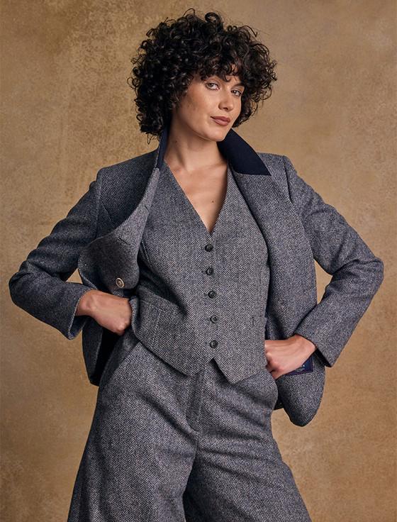 Aran Cashmere Nicole Tweed Blazer – Denim Herringbone