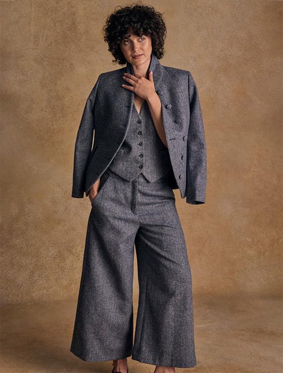 Aran Cashmere Nicole Tweed Blazer – Denim Herringbone