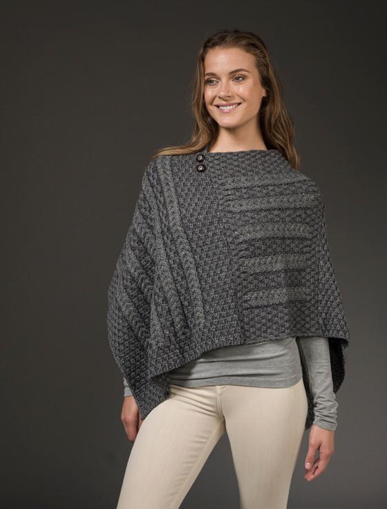 Aran Cashmere P‎lated Aran Poncho With Butt‎on Detail