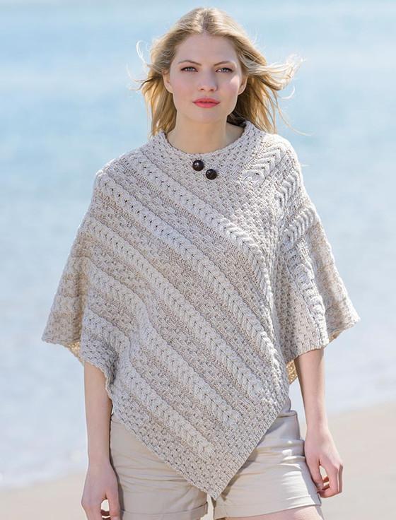 Aran Cashmere Pla‎ted Aran Poncho With Button Detail