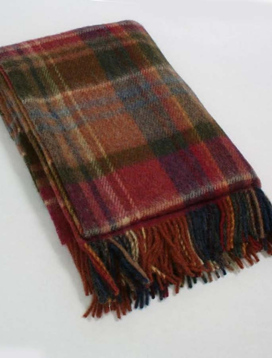 Aran Cashmere Plaid Wool Throw - Rust Cranberry Olive