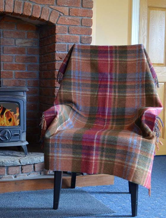 aran cashmere Plaid Wool Throw - Rust Cranberry Olive