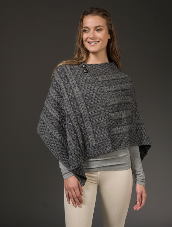Aran Cashmere Plated Aran Poncho With Button Detail