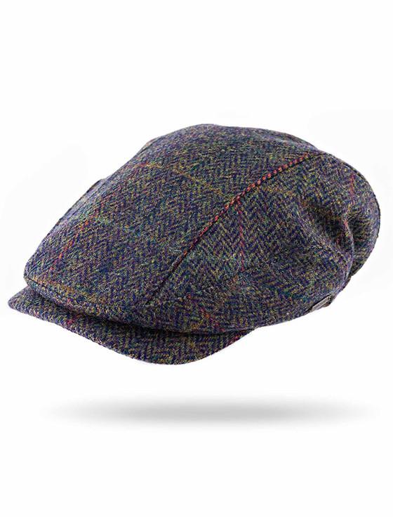 Aran Cashmere Pure Wool Tweed Driving Cap - Navy Green Windowpane