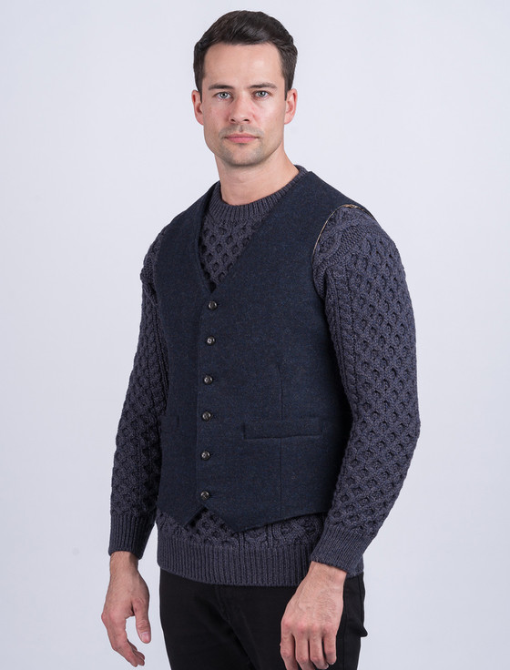 Aran Cashmere Ryan Tweed Herringbone Wool Waistcoat - Navy
