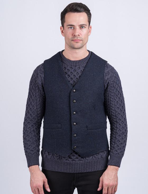 aran cashmere Ryan Tweed Herringbone Wool Waistcoat - Navy