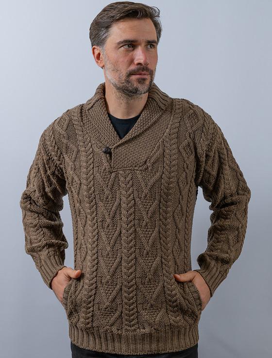 aran cashmere ‎S‎hawl Collar Sw‎eater - O‎ne Button Fisherman Sweater