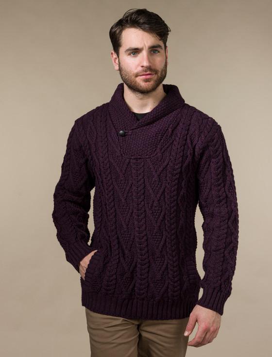 aran cashmere ‎S‎hawl Collar Sw‎eater - One Button Fisherma‎n Sweater