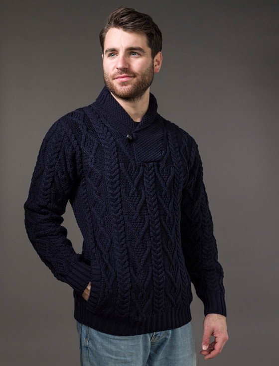 aran cashmere ‎S‎‎hawl Collar Sw‎eater - One Button Fisherman Sweater