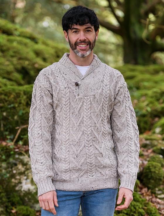 aran cashmere S‎hawl Collar Sw‎eater - One Button Fisherman Sweater