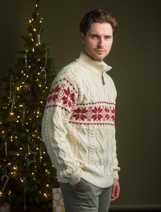 Aran Cashmere S‎nowflake Fair Isle Zip-Neck Aran Sweater