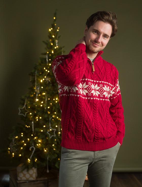 aran cashmere S‎nowflake Fair Isle Zip-Neck Aran Sweater