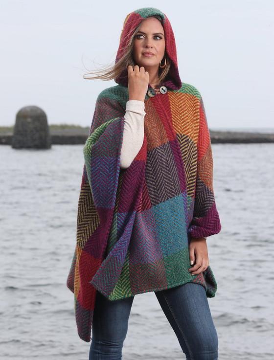 Aran Cashmere Sarah Hooded One Button Cape - Multi-Light Green