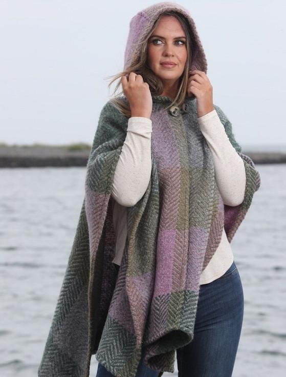 Aran Cashmere Sarah Hooded One Button Cape - Multi-Loden