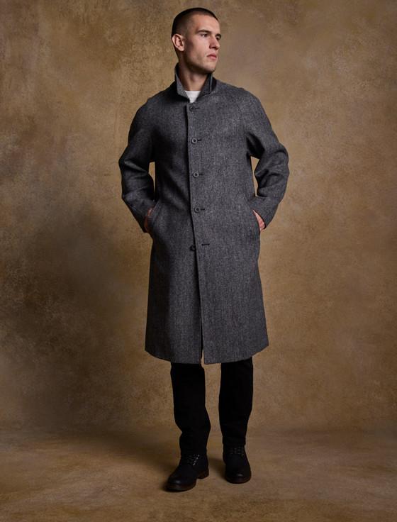 Aran Cashmere Sean Tweed Overcoat - Charcoal Wide Herringbone