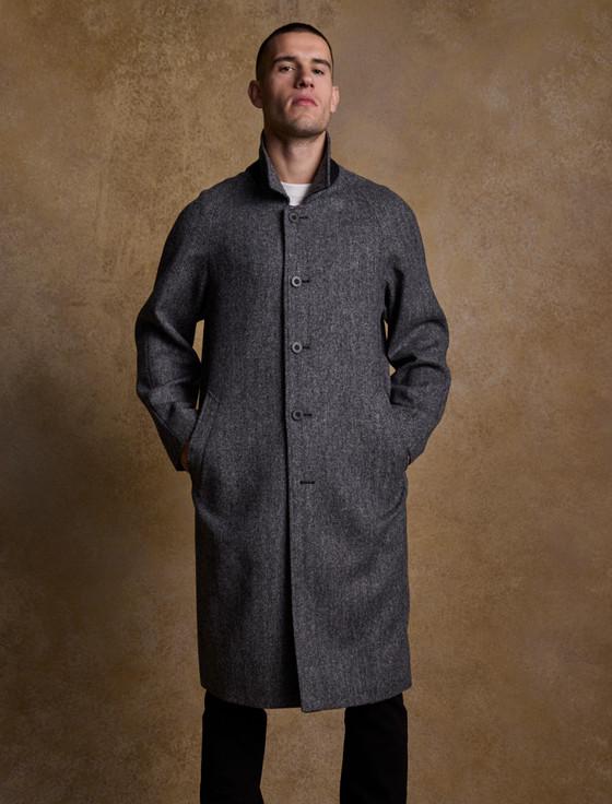 aran cashmere Sean Tweed Overcoat - Charcoal Wide Herringbone