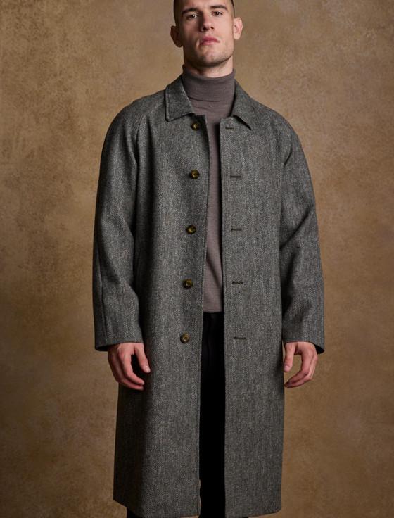 Aran Cashmere Sean Tweed Overcoat - Olive Herringbone
