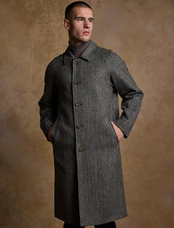 aran cashmere Sean Tweed Overcoat - Olive Herringbone