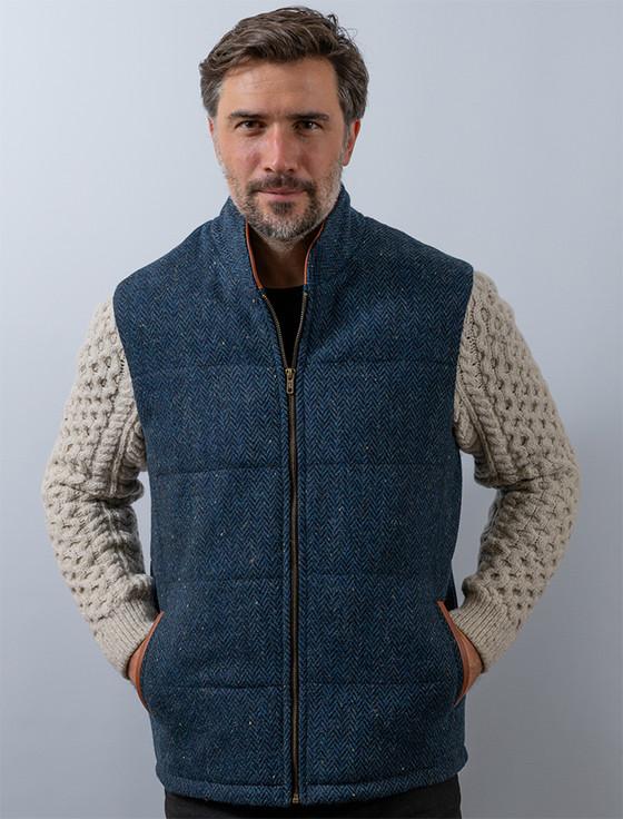 aran cashmere Shackleton Blue Herringbone Jacket With Cable Knit Sleeve