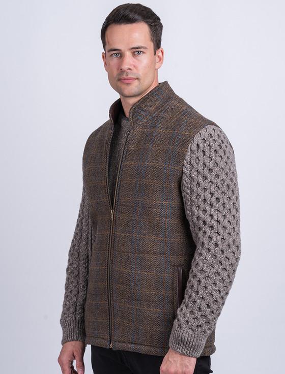 Aran Cashmere Shackleton Horse Brown Tweed Jacket With Cable Knit Sleeve