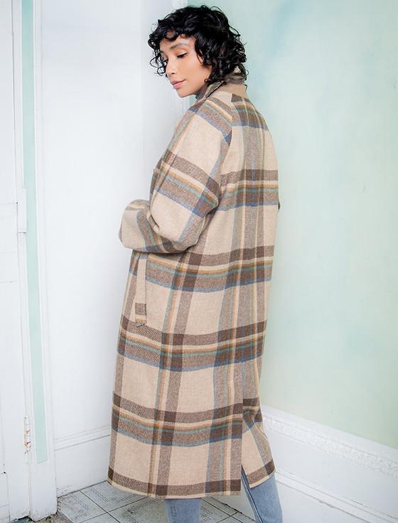 Aran Cashmere Shauna Long Tweed Coat - Cream Block Check