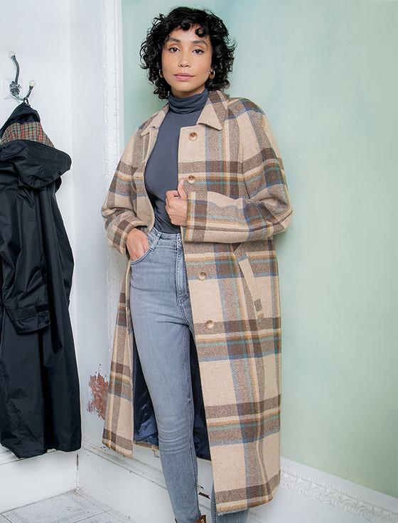Aran Cashmere Shauna Long Tweed Coat - Cream Block Check