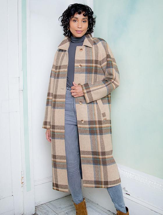aran cashmere Shauna Long Tweed Coat - Cream Block Check