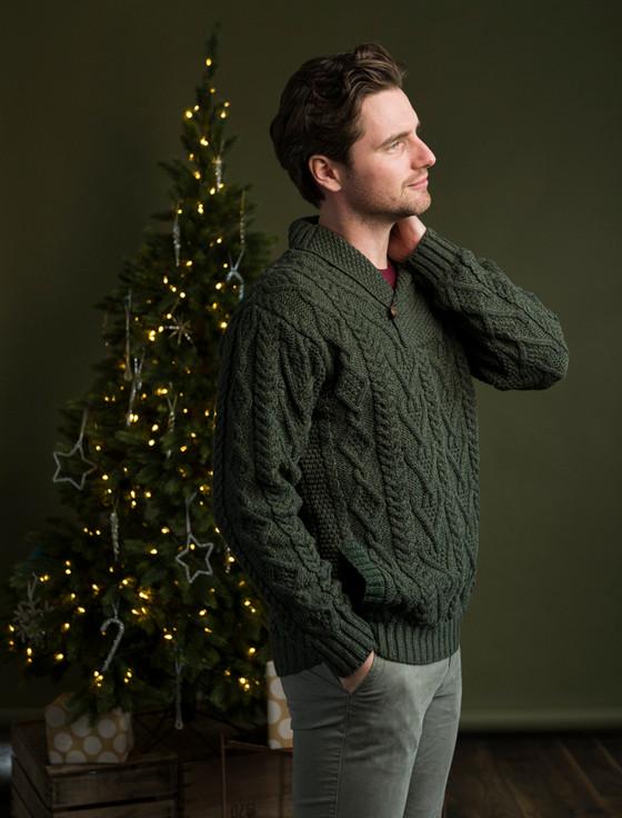 Aran Cashmere Shaw‎l Collar Sweater - One Button Fisherman Sweater