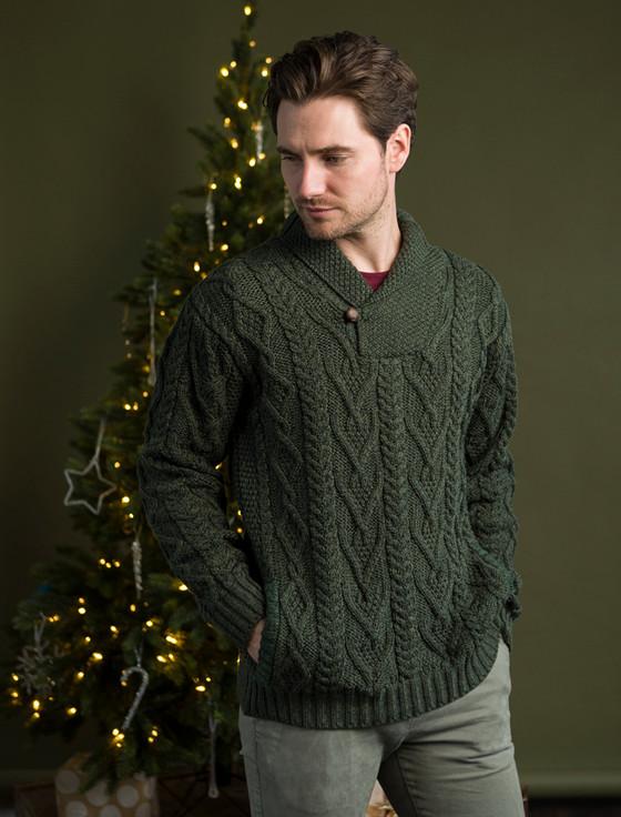 aran cashmere Shaw‎l Collar Sweater - One Button Fisherman Sweater