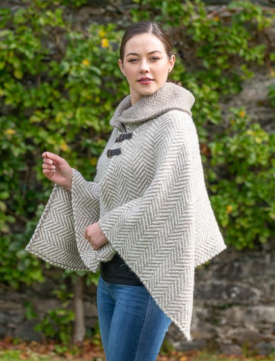 Aran Cashmere Shawl Collar Herringbone Poncho - Beige & Cream