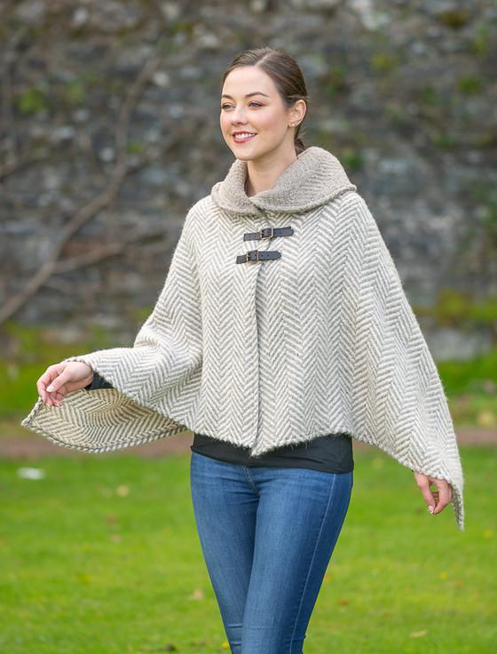 Aran Cashmere Shawl Collar Herringbone Poncho - Beige & Cream