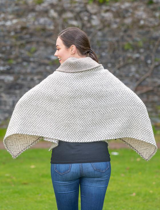 Aran Cashmere Shawl Collar Herringbone Poncho - Beige & Cream