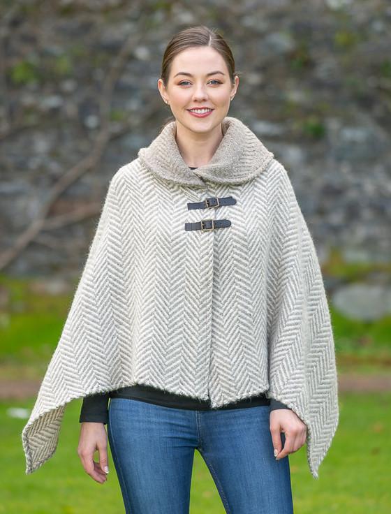 aran cashmere Shawl Collar Herringbone Poncho - Beige & Cream