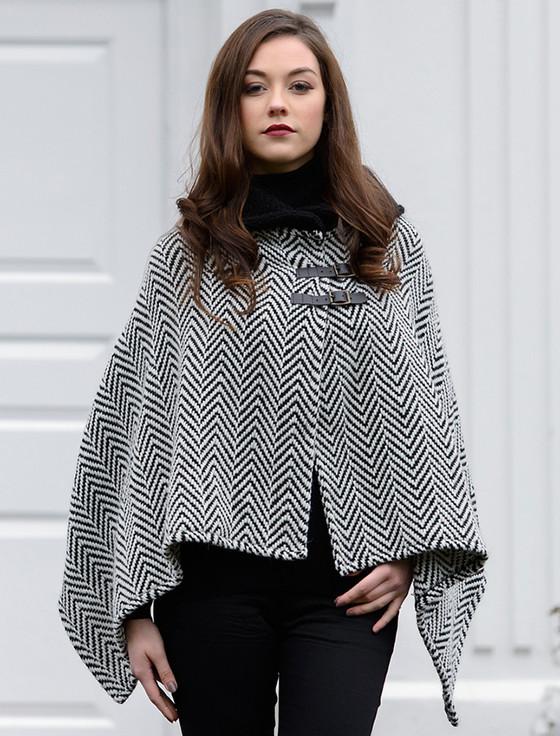 Aran Cashmere Shawl Collar Herringbone Poncho - Black & White