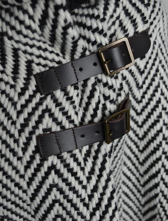 Aran Cashmere Shawl Collar Herringbone Poncho - Black & White