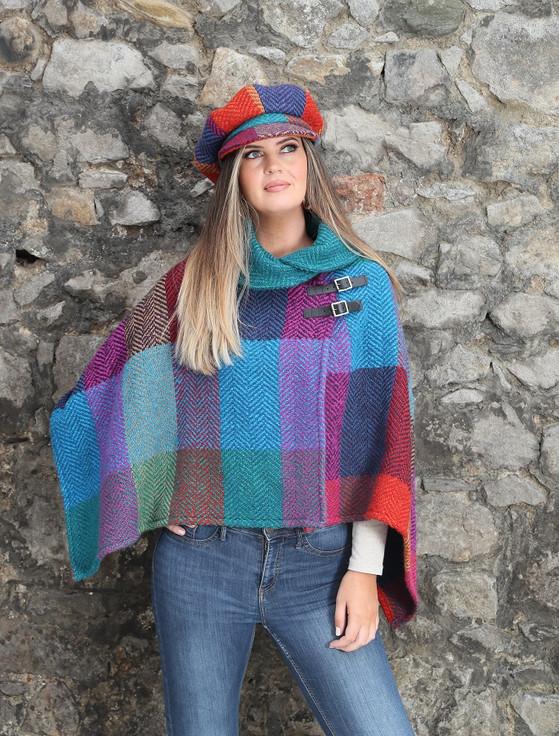 Aran Cashmere Shawl Collar Herringbone Poncho - Donegal Red