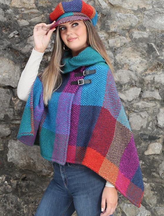 Aran Cashmere Shawl Collar Herringbone Poncho - Donegal Red