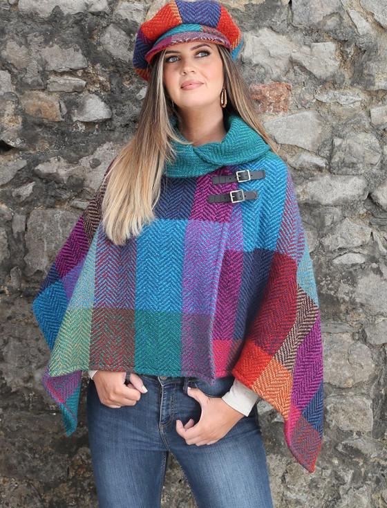 aran cashmere Shawl Collar Herringbone Poncho - Donegal Red
