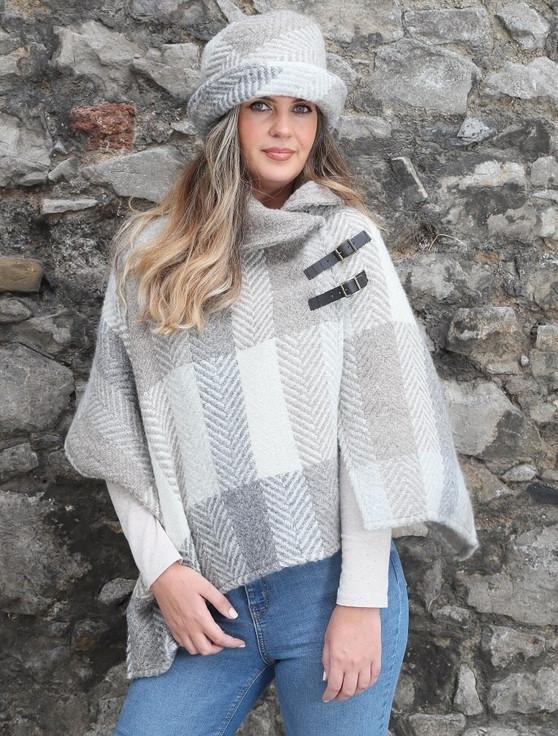 aran cashmere Shawl Collar Herringbone Poncho - Multi-Beige