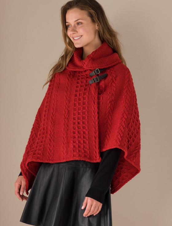 Aran Cashmere Shawl Collar Poncho With Leather Buckle Detail