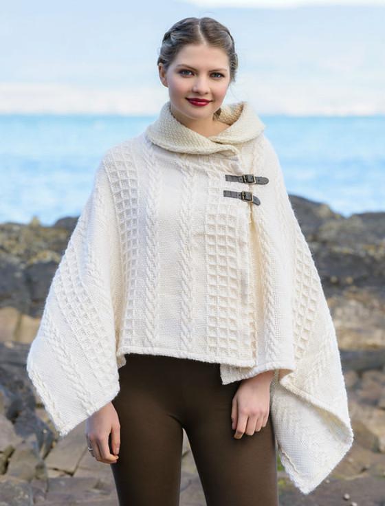 Aran Cashmere Shawl Collar Poncho With Leather Buckle Detail