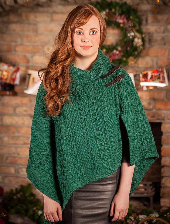 Aran Cashmere Shawl Collar Poncho With Leather Buckle Detail