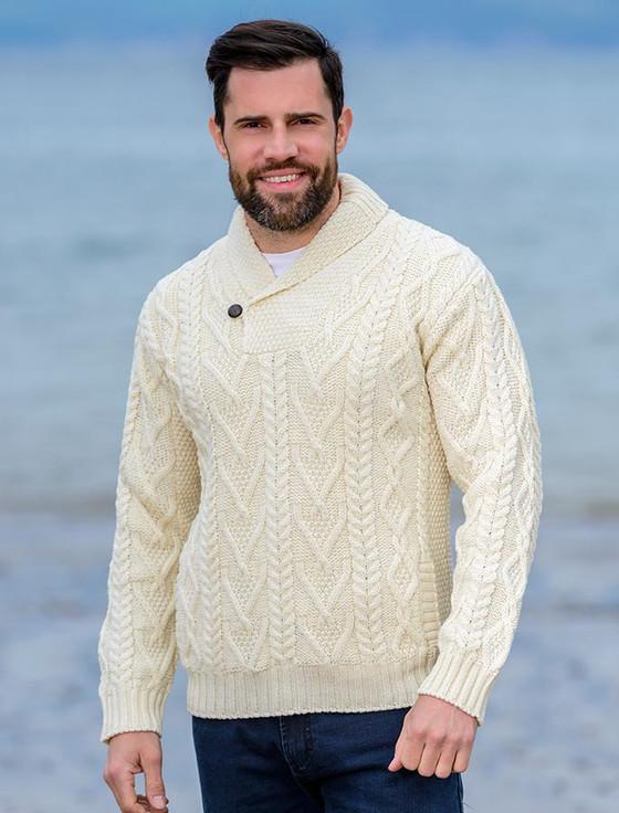 aran cashmere ‎Shawl Collar Sw‎eater - One Button Fisherman Sweater