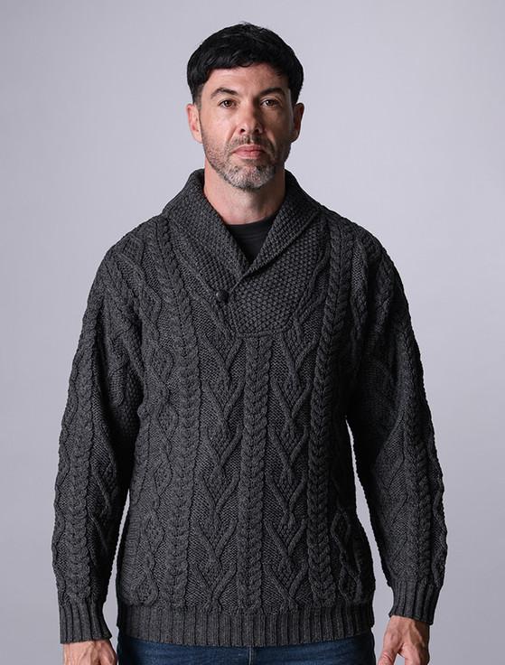 Aran Cashmere Shawl Collar Sweater - One Button Fisherman Sweater