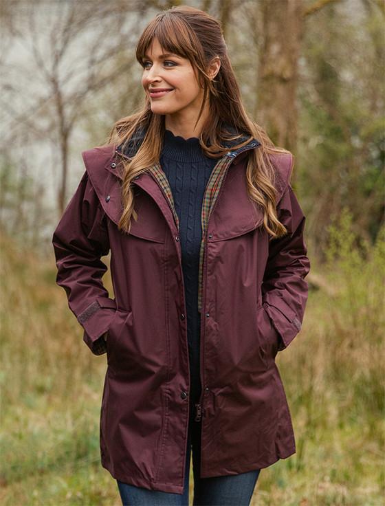 Aran Cashmere Skellig Ladies Waterproof 3/4 Coat - Deep Claret